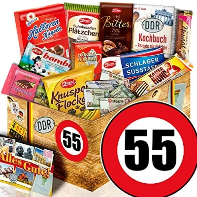 Abbildung von Geschenk zum 55. Geburtstag + DDR Paket Schokolade 55