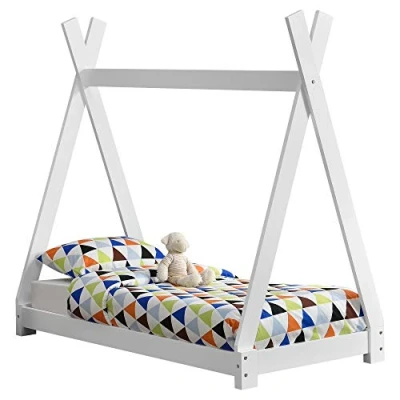 Abbildung von [en.casa] Kinderbett Onejda in Tipi Design Bodenbett Jugendbett aus Kiefernholz Weiß 70 x 140 cm