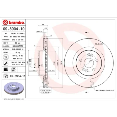 Abbildung von BREMBO COATED DISC LINE 09.8904.11 Bremsscheibe 312 28 5 innenbelüftet beschichtet hochgekohlt mit Schrauben RENAULT: CLIO 3, MEGANE 2