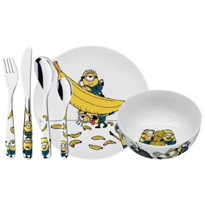 Abbildung von WMF Minions Kinder Geschirrset 6 teilig, Kindergeschirr mit Kinderbesteck Edelstahl, ab 3 Jahre, Cromargan poliert, spülmaschinengeeignet