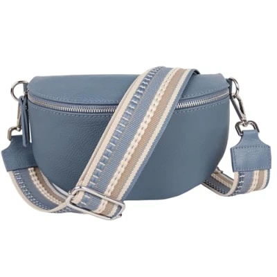 Abbildung von MIRROSI® Bauchtasche Damen, Echtleder, Made in Italy, Umhängetasche, Brusttasche, Crossbody Bag (1 Tasche &amp; 2 Gurte) (Jeansblau (Streifen Jeansblau), Kleine (22x13x6cm))