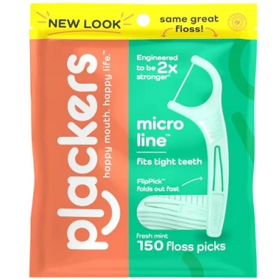 Abbildung von Plackers Micro Mint Zahnseide, frischer Minzgeschmack, ausklappbarer Zahnstocher, Super Tuffloss, einfache Aufbewahrung mit sicherem Reißverschluss, 150 Stück