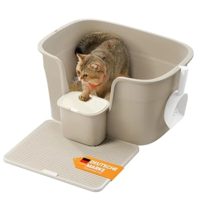 Abbildung von Feandrea Katzenklo, extragroße Katzentoilette, mit hohen Seitenwänden, Katzenstreumatte, Aufbewahrungsbox, Schaufel, für große Katzen, cappuccinobeige PPT003K01