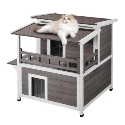 Abbildung von VEVOR Katzenhaus Katzenhöhle Katzen Hütte Holz Outdoor 2 stöckig 750x751x820mm