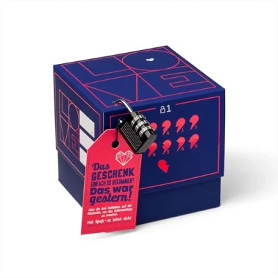 Abbildung von SURPRISA Geschenkbox Rätselbox persönliche Geschenkverpackung + Rätselspiel, für Geschenke zum Valentinstag, Hochzeitstag, Herzrätsel blau