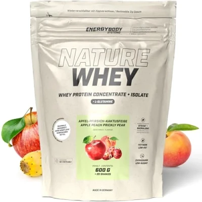 Abbildung von Energybody Nature Whey Protein Isolate &amp; Concentrate 600g Beutel/zucker und fettarmes Molkenproteinpulver/Eiweiß Pulver ohne künstliche Verdickungsmittel/Eiweiss Shake (Apfel Pfirsich Kaktusfeige)