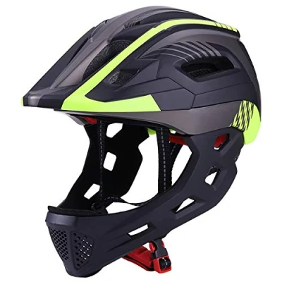 Abbildung von QYTK Fahrradhelm Kinder mit Abnehmbarem Kinnschutz Jungen/Mädchen Fahrrad Integralhelm Downhill Helm Skateboard Rollerblading Inlineskaten Kinderfahrradhelm Licht (52 56CM) (Schwarz Gelb)