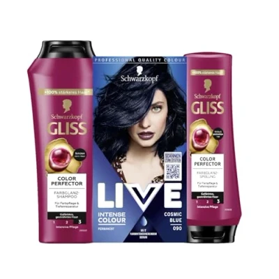 Abbildung von Schwarzkopf LIVE Intense Colour Haarfarbe 90 Cosmic Blue (142 ml) permanente Coloration &amp; Gliss Shampoo (250 Spülung (200 Perfector bietet Farbschutz und strahlenden Farbglanz