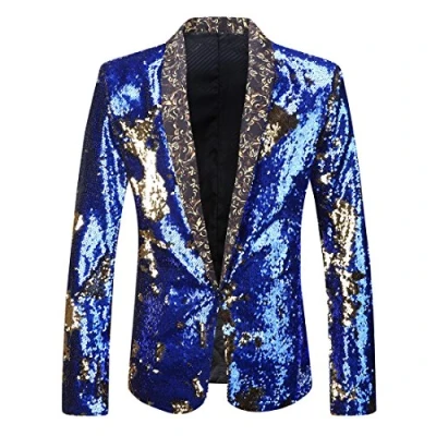 Abbildung von PYJTRL Herren Blazer mit 2 Farben und glänzenden Pailletten (M, Königsblau + Gold)
