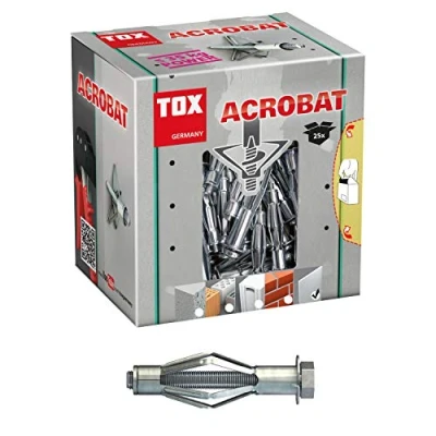 Abbildung von TOX Metall Hohlraumdübel Acrobat 68 mm verzinkt mit metrischer Schraube M8 x 71 mm, für Befestigungen in Gipskartonplatten und geringen Hohlraumtiefen, 25 Stück, 035101181, grau, M8x68mm