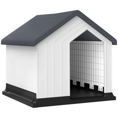 Abbildung von PawHut Hundehütte wetterfest, Hundehaus mit Fenster und Dach, für kleine Hunde bis 10kg, Grau+Weiß