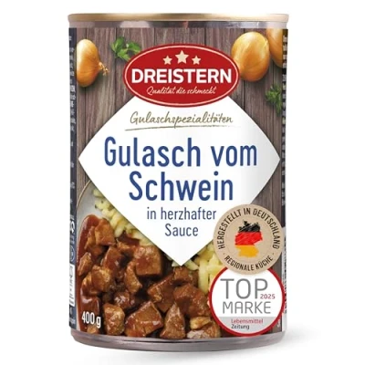 Abbildung von DREISTERN Schweinegulasch 400g I Mit pikanter Sauce Herzhaftes Fertiggericht in recyclebarer Konservendose Lange Haltbarkeit dank natürlicher Konservierung Hausmacher Qualität
