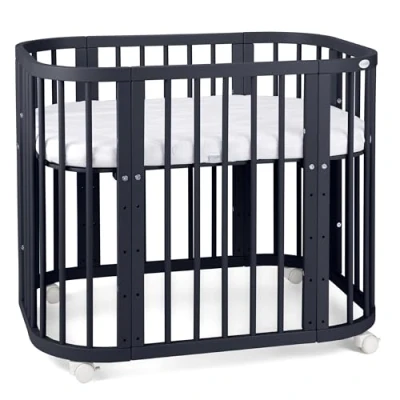 Abbildung von Waldin Babybett 5in1, Beistellbett aus Holz, Matratze, Belüftet, Boden 5 Fach Verstellbar, Graphit