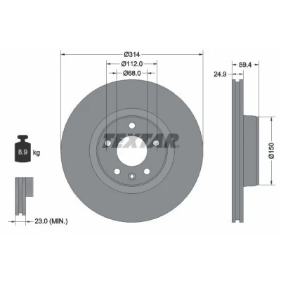 Abbildung von TEXTAR PRO+ 92132205 Bremsscheibe 314 24,9 05/06 112 außenbelüftet beschichtet hochgekohlt ohne Radbefestigungsbolzen, Radnabe AUDI: A6 C6 Avant
