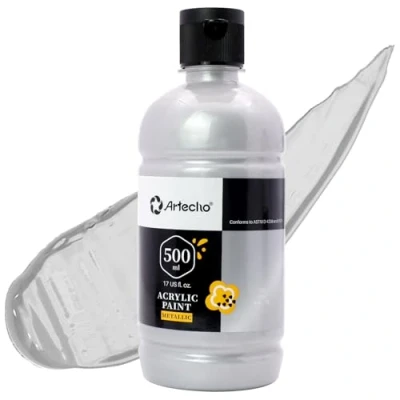 Abbildung von Artecho Acrylfarbe Silber 500 ml, Wasserfest und Lichtecht, Schnell Trocknend, für Leinwand, Holz, Stoff, Handwerk, Leder Stein.