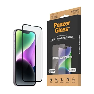Abbildung von PanzerGlass™ Clear Glass Displayschutz für iPhone 14 Plus 13 Pro Max Screen Protector aus tempered Glas mit vollständiger Abdeckung und Anti Fingerprint Beschichtung Positionierhilfe