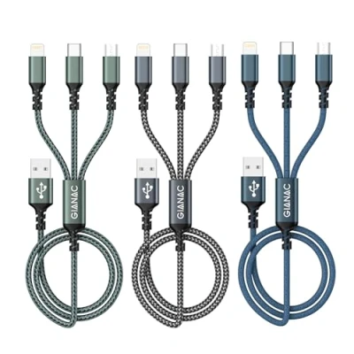 Abbildung von GIANAC Multi USB Kabel [3Stück 1.2M] 3 in1 Universal Ladekabel Schnell Mehrfach mit Micro Typ C Lightning für iPhone, Android Galaxy, Huawei,Oneplus,Sony,Honor View