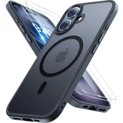 Abbildung von Miracase Magnetisch für iPhone 16 Hülle Magsafe[mit 2 Schutzglas] Militärschutz Stoßfest Kratzfest Anti Fingerabdruck Samtige Haptik Dünn Handyhülle 6,1 Zoll, Schwarz