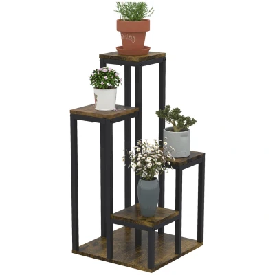 Abbildung von Outsunny Pflanzentreppe Multifunktionales Pflanzenregal, Blumenständer für Garten, Braun (Set, 1 St., mehrstöckiges Blumenregal), 40L x 40B 81H cm