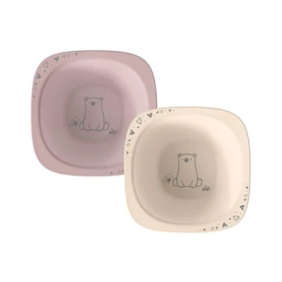 Abbildung von nip Green Öko Baby Breischale ab 4 Monate, bruchfest, mikrowellen und spülmaschinengeeignet, perfekt für Beikoststart, BPA frei, ohne Melamin, nachhaltig, 2er Set, Tiermotiv, Rosa