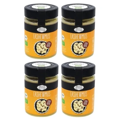 Abbildung von Betty Butter Bio Premium Cashewmus, geröstet, 4 x 330 g, Cashewbutter ohne Zucker, Cashewpüree, natürliches Nussmus Zusatzstoffe, aus Fairtrade Cashews, cremiges Zucker