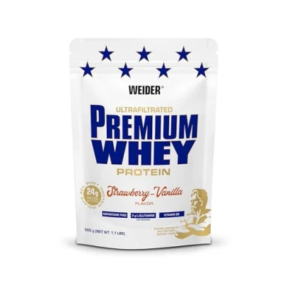 Abbildung von Weider Premium Whey Protein Pulver Hoher Proteingehalt, wenig Kohlenhydrate &amp; Fett mit L Glutamin und Vitamin B6 500g Erdbeer Vanilla