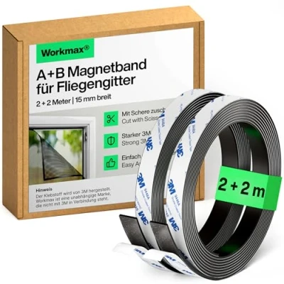 Abbildung von WORKMAX® A+B Magnetband für Fliegengitter &amp; Moskitonetze (2+2 Meter) Magnetstreifen stark selbstklebend mit gegenseitiger Anziehung