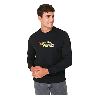 Abbildung von Trendyol Herren Rundhalsausschnitt und Slogan Regular Sweatshirt, Schwarz, S