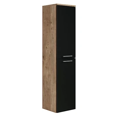 Abbildung von Badezimmer Badschrank Saturnus 130cm Eiche Kastanie mit mat Schwarz Regal Schrank Hochschrank Möbel