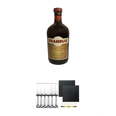 Abbildung von Drambuie Whiskylikör 1,0 Liter + Whisky Nosing Gläser Kelchglas Bugatti mit Eichstrich 2cl und 4cl 6 Stück Schiefer Glasuntersetzer eckig ca. 9,5 cm Ø 2