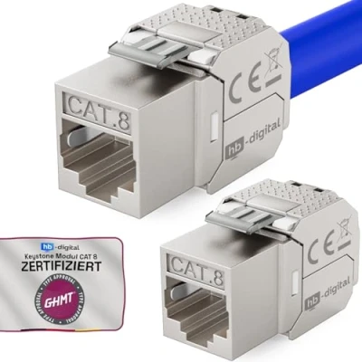 Abbildung von HB DIGITAL 2x CAT 8 Keystone RJ45 Modul Buchse für LAN Kabel GHMT Zertifiziert 40 Gbit/s bis 2000 MHz AWG 22 26 werkzeuglos LSA vollgeschirmt STP Einbaubuchse Patchpanel und Netzwerkdose