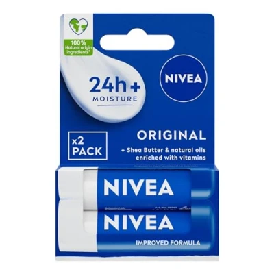 Abbildung von NIVEA Original Care Duo Pack Lippenbalsam (2 x 4,8 g), Lippenfeuchtigkeitspflege spendet tief Feuchtigkeit für 24h+, 100% natürlichen Ursprungs Inhaltsstoffe, Sheabutter und Vitamine, Lippenpflege