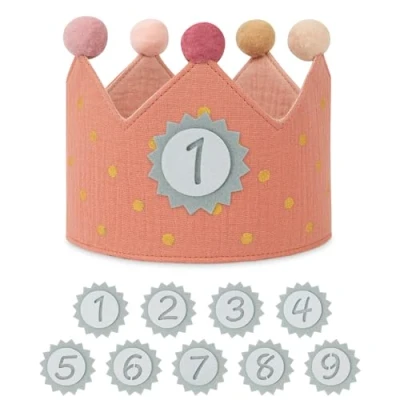 Abbildung von URAQT Geburtstagskrone Kinder, Stoff, Geburtstag Kinderkrone, Krone für Jungs Mädchen mit Happy Birthday Spruchband und Auswechselbaren Zahlen von 0 9 (Dots Rosa)