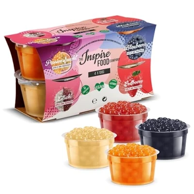 Abbildung von INSPIRE FOOD Bubble Tea Perlen Set 4er Pack Popping Boba Fruchtperlen Erdbeere, Maracuja, Blaubeere &amp; Lychee Tapioka 100% vegan und glutenfrei, ohne künstliche Farbstoff, je 100g