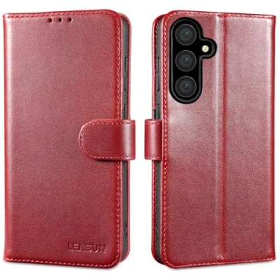 Abbildung von LENSUN Handyhülle Echtleder für Samsung Galaxy S24 FE, Hülle [Echtes Leder] [Bookstyle] Flip Handytasche Lederhülle Klappbar FE 5G Weinrot