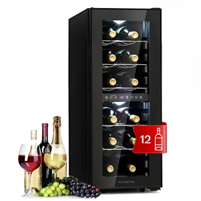 Abbildung von Klarstein Weinkühlschrank Freistehend, Kleiner Getränkekühlschrank Schmal, 2 Zonen mit Glastür, Indoor/Outdoor Beersafe, Kühlschrank Klein UV Schutz, 5 18C, 12 Flaschen
