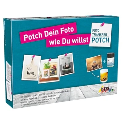 Abbildung von KREUL 49980 Foto Transfer Potch Set, mit Potch, Überzugslack, Pinsel und Rakel, zum Übertragen von Ausdrucken, Zeitungsausschnitten Zeitschriftenbildern auf verschiedene Untergründe
