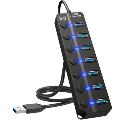 Abbildung von 7 Port USB Hub 3.0 Verteiler mit Individuellen EIN/AUS Schalter und LED Anzeigen Multiport Adapter Splitter fur PC, Laptop, MacBook, Stick, Externe Festplatten mehr