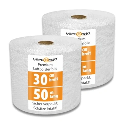 Abbildung von versando 2x Premium Luftpolsterfolie 50m x 0,3m Versand, Verpackung, Umzug Noppenfolie Bubble Wrap LPF Rolle