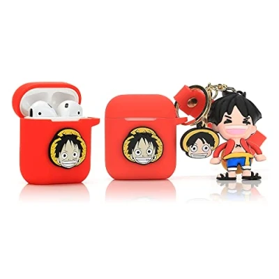Abbildung von Derhom Airpods Schutzhülle aus Silikon, niedlich, lustig, kompatibel mit Apple 1 und 2 [Comic Gürtel Puppen Serie] (Luffy)