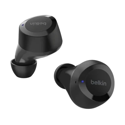 Abbildung von Belkin SoundForm Bolt True Wireless In Ear Kopfhörer, kabelloser Kopfhörer mit Mikrofon, Akkulaufzeit bis zu 28 Std., Monomodus, Schweiß und Spritzwasserschutz der Schutzart IPX4, für iPhone, Galaxy