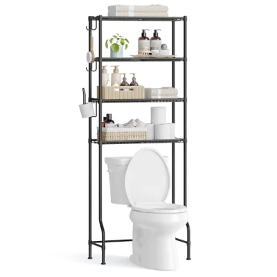 Abbildung von SONGMICS 4 stöckiges Toilettenregal, Badezimmerregal, Waschmaschinenregal, verstellbare Ablagen, mit Haken, Toilettenpapierhalter, platzsparend, 30 x 63 176 cm, schwarz BTS013B01