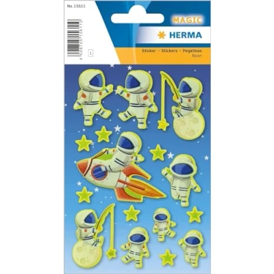 Abbildung von HERMA 15611 Aufkleber Astronaut klein, 16 Stück, Neon Weltall Sticker mit Raumschiff Mond Sterne Motiv, Kinder Etiketten für Fotoalbum Tagebuch Scrapbooking Geburtstag Dekoration Briefe DIY Basteln