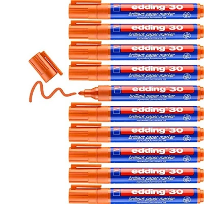 Abbildung von edding 30 Brillant Papiermarker Orange 10 Permanent Marker Wasserfest Rundspitze 1.5 3 mm Leuchtende Farben Lichtbeständige Markierung auf Papier, Karton, Kunststoff, Metall Oder Glas