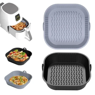 Abbildung von Diboniur 2Pcs Silikonform für Heißluftfritteuse 5 8L, Airfryer Zubehör, Silikon Einsatz Backform (Grau und Schwarz), 21,5x21,5x5 cm