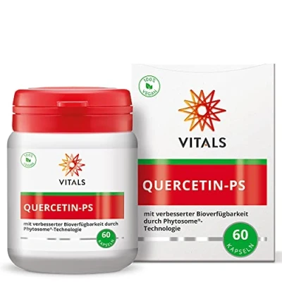 Abbildung von Vitals Quercetin PS 100mg 60 Kapseln mit verbesserter Bioverfügbarkeit durch Phytosome Technologie. 10 bis 20 mal höhere die