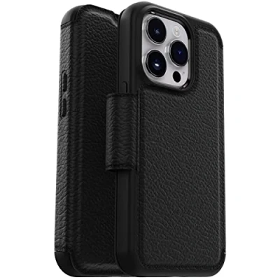 Abbildung von OtterBox Strada Series Schutzhülle für iPhone 14 Pro (nur Schwarz), Kartenhalter, echtes Leder, taschenfreundlich, Folio Hülle