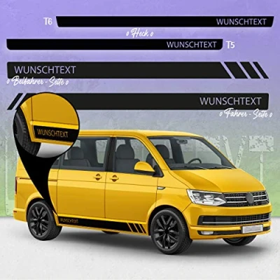Abbildung von Auto Dress Seiten Streifen Aufkleber Set/Dekor passend für VW T4, T5 &amp; T6 Bus Motiv: Wunschtext Racing ohne Strich (111M Black Matt, Radstand: Lang)