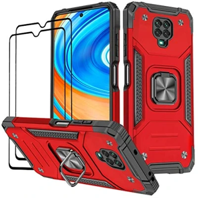 Abbildung von KANSi Hülle kompatibel für Xiaomi Redmi Note 9 Pro/Redmi 9S, Schutzfolie [2 Stück] Silikon TPU Hart PC Handy Hüllen 360 Grad Drehbar Ringhalter Bumper Stoßdämpfung Schutzhülle Rote