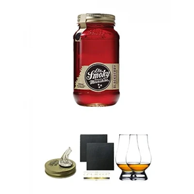 Abbildung von Ole Smoky Moonshine Blackberry 0,7 Liter MAGNUM + Ausgiesser Schiefer Glasuntersetzer eckig ca. 9,5 cm Ø 2 Stück The Glencairn Glass Whisky Glas Stölzle